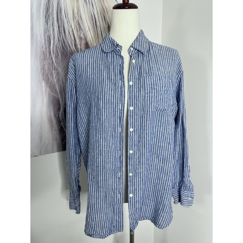 Lauren Ralph Lauren Womens M 100% Linen Blue White Striped Button Down Shirt